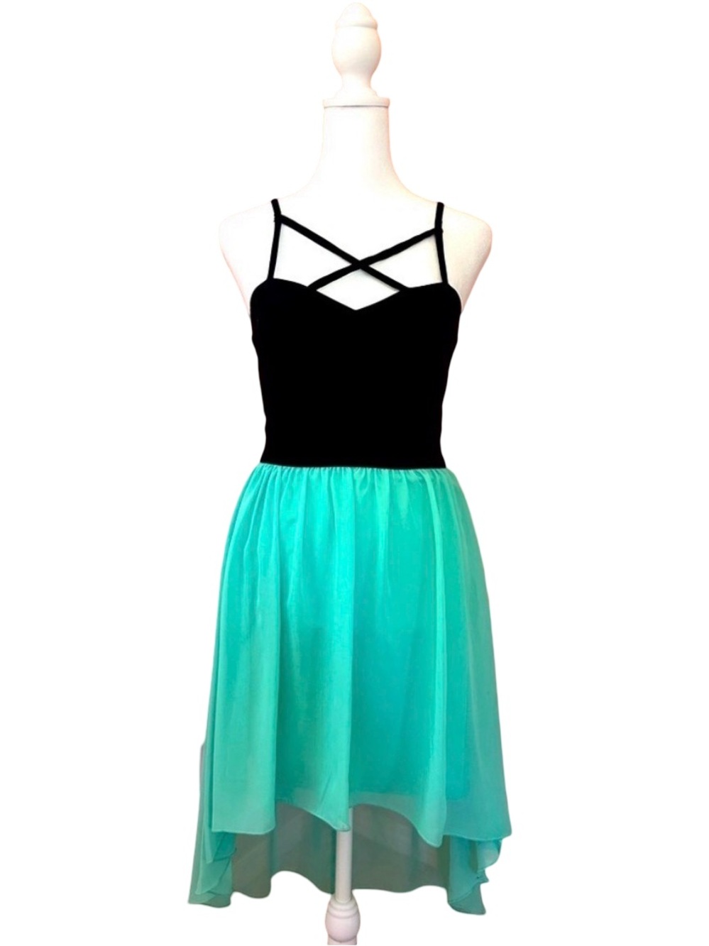 Y2K Whimsigoth Fairycore High-Low Teal & Black Crisscross Party Dress - EUC 5